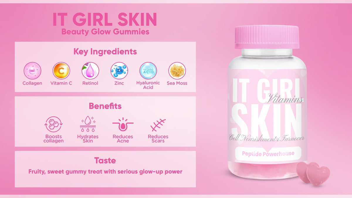 It Girl Skin gummies bottle beside an ingredient and product-information chart.
