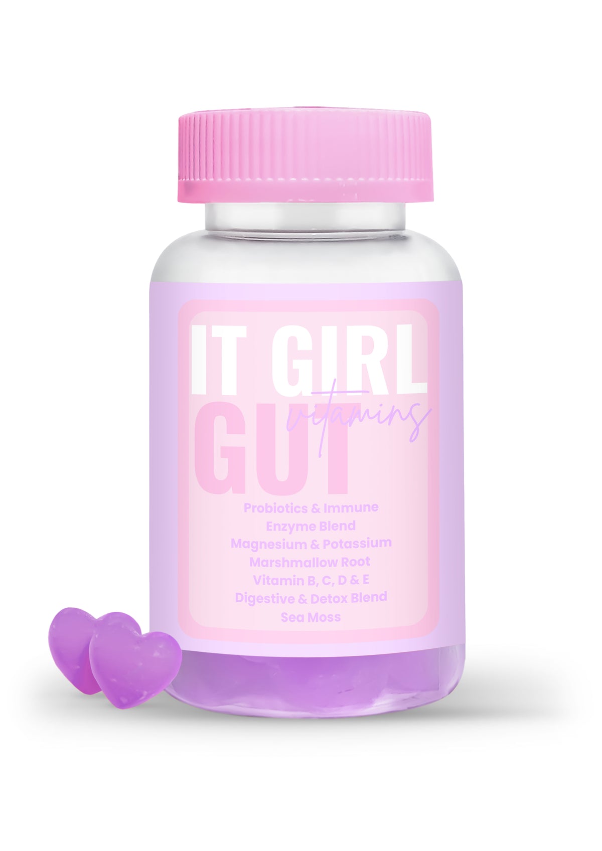 It Girl Gut gummies bottle with a pink lid and purple heart-shaped gummies.
