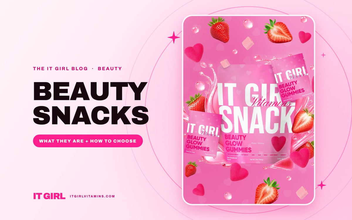 Beauty snacks: It Girl Snack Beauty Glow Gummies pouches with fresh strawberries