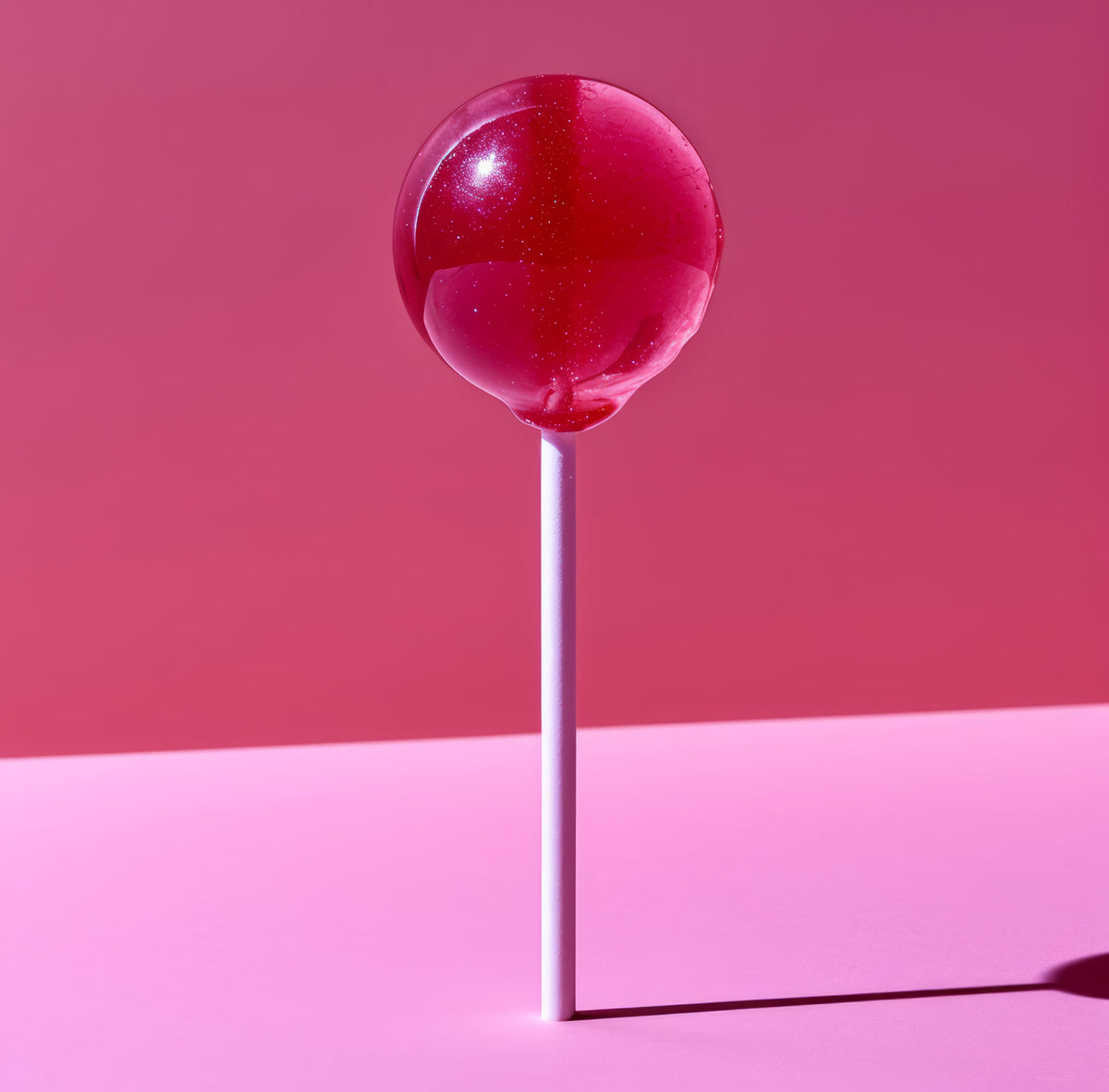 Pink spherical lollipop standing upright against a pink background.