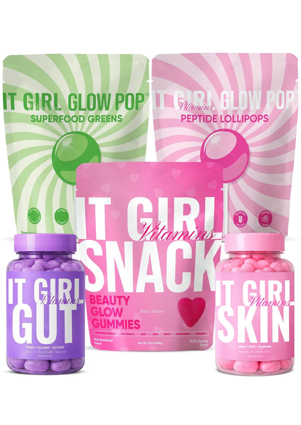 The complete It Girl range: Glow Pops, Peptide Lollipops, It Girl Snack, It Girl Skin and It Girl Gut