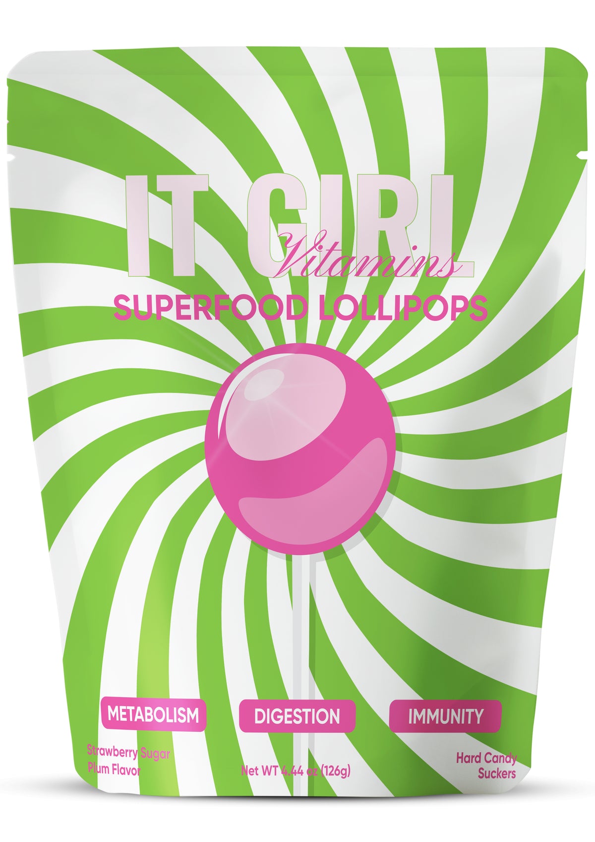 It Girl Superfood Greens Lollipops pouch in green and white