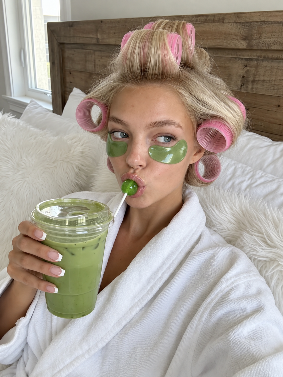 Two women on sun loungers with the It Girl superfood greens pouch