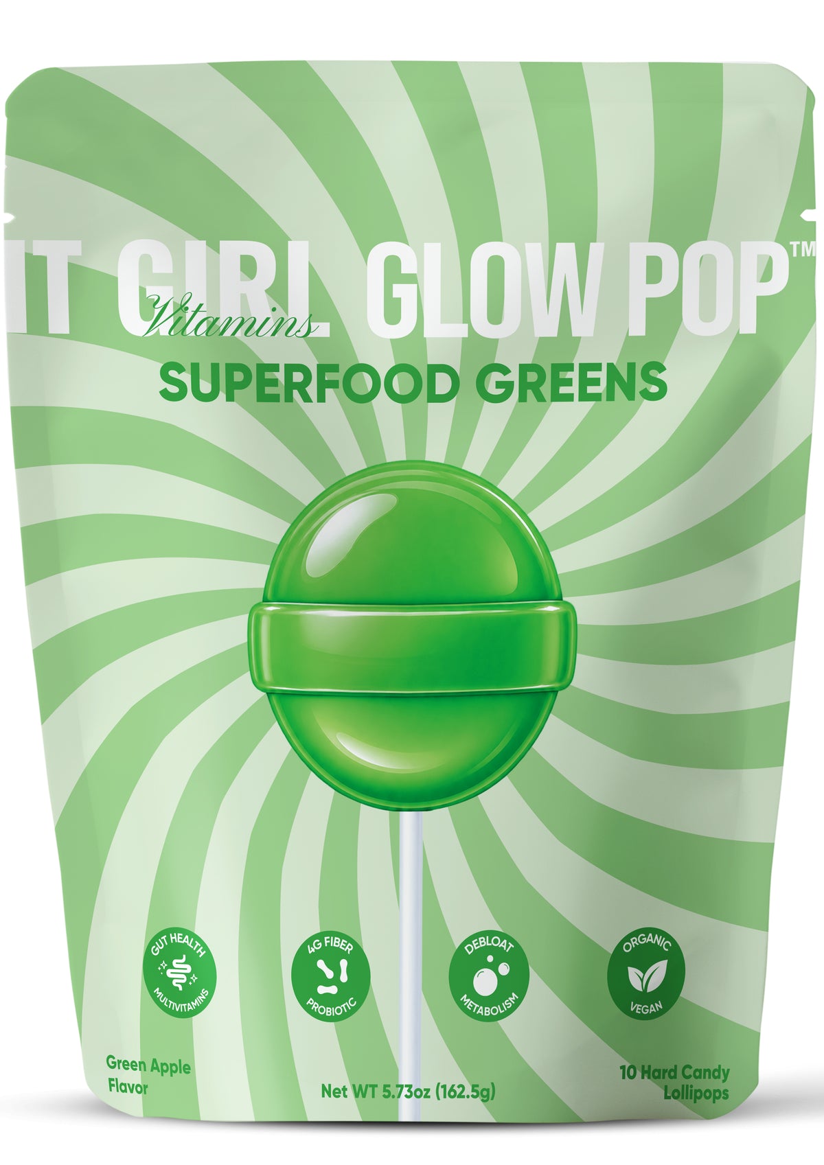 IT GIRL Glow Pop Superfood Greens Lollipops in Green Apple packaging