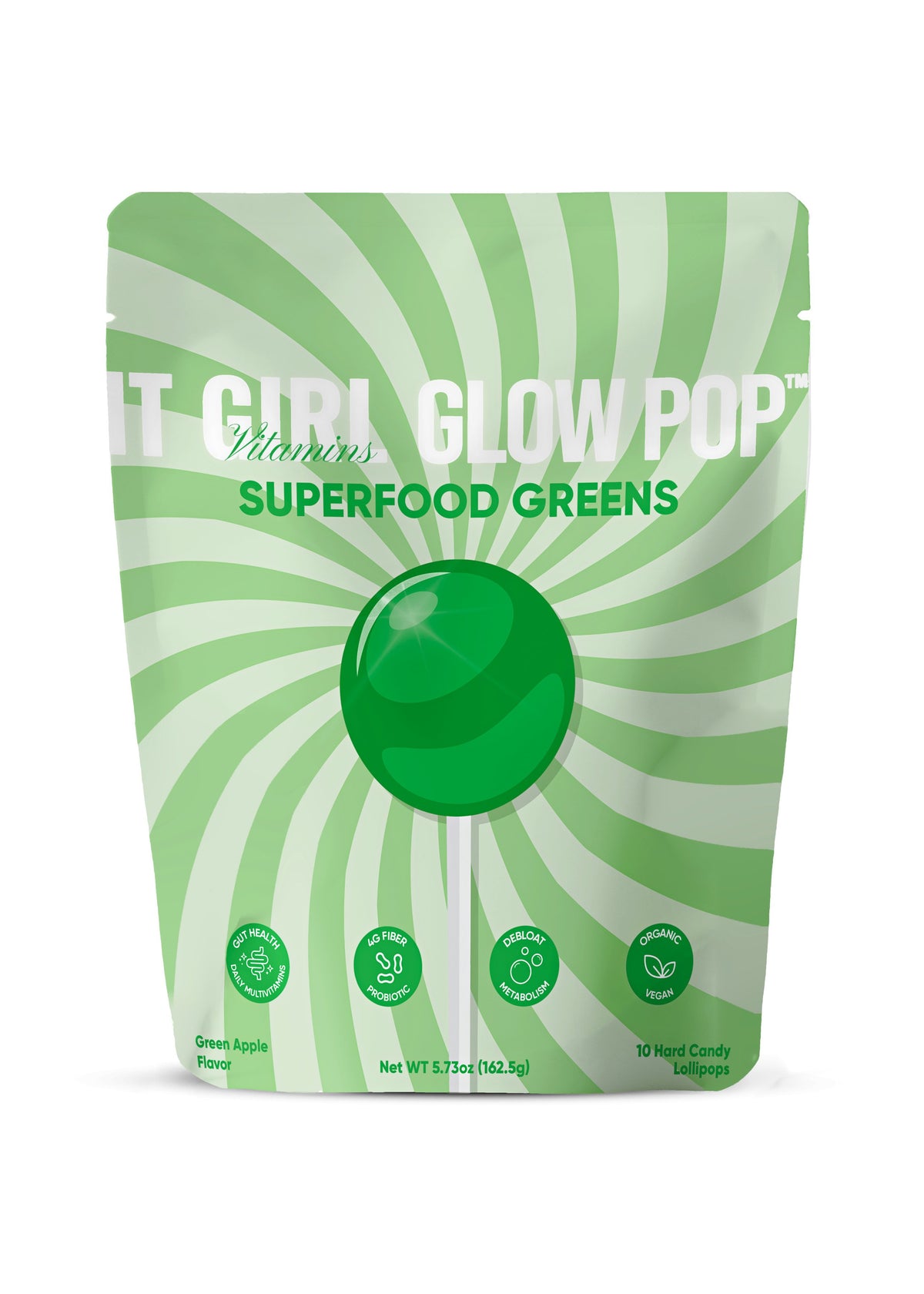 Green striped It Girl Glow Pop Superfood Greens pouch on a white background.