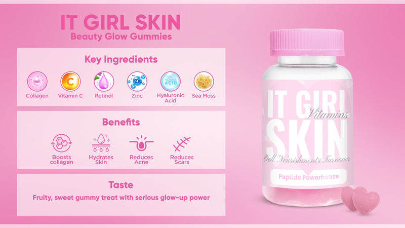 It Girl Skin gummies bottle beside an ingredient and product-information chart.