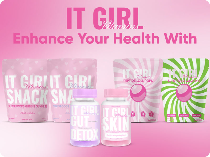It Girl supplement collection with Snack gummies, Skin, Gut Detox, peptide and greens lollipops.