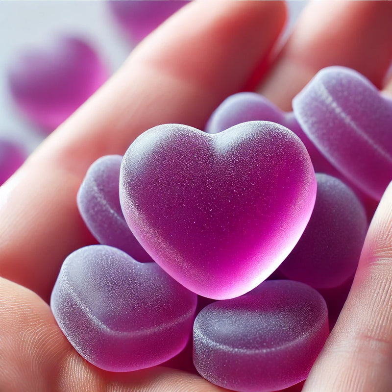 Purple heart-shaped gummies resting in a hand.