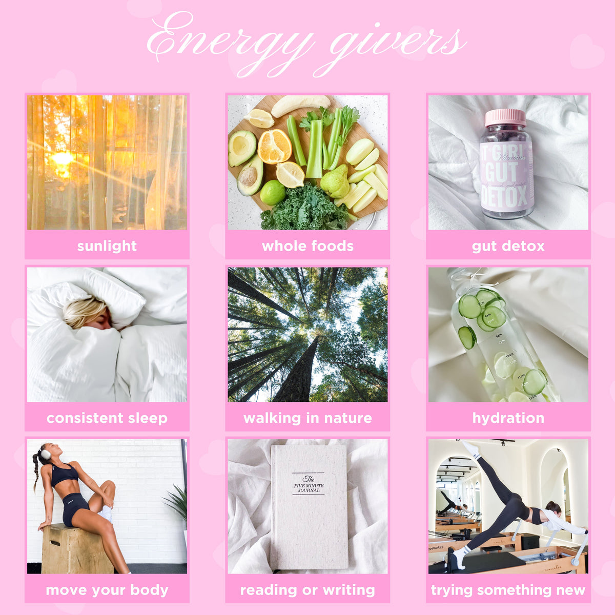 Energy givers collage showing sunlight, food, sleep, nature, hydration, movement and reading.