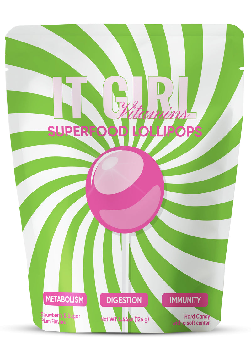 Green-and-white It Girl Superfood Lollipops pouch on a white background.