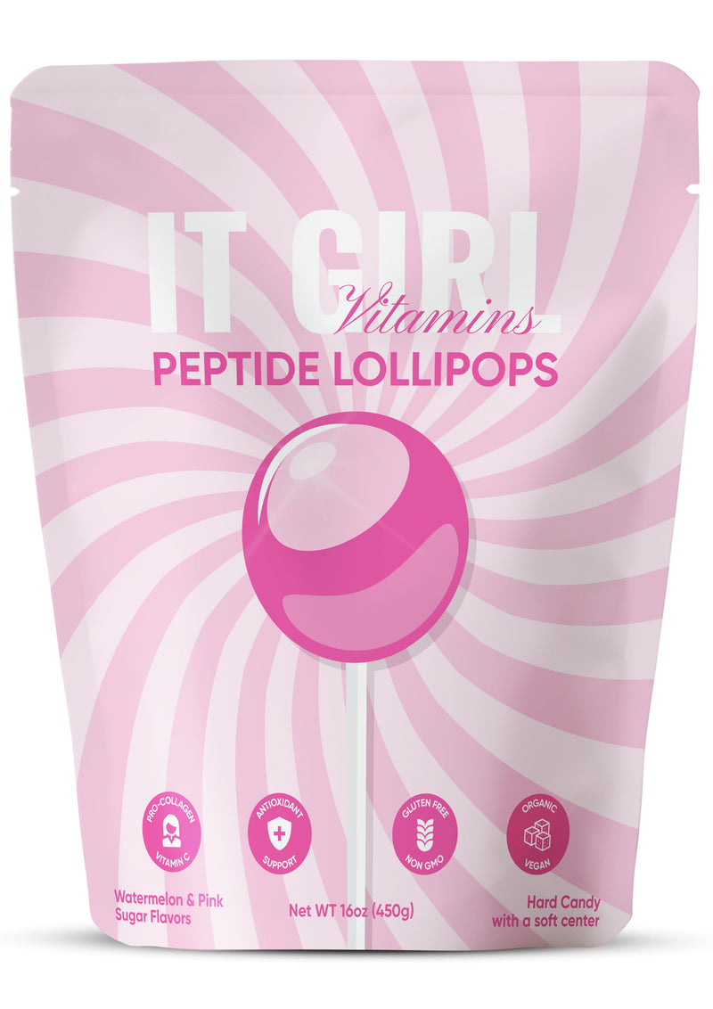 Pink-and-white It Girl Peptide Lollipops pouch on a white background.