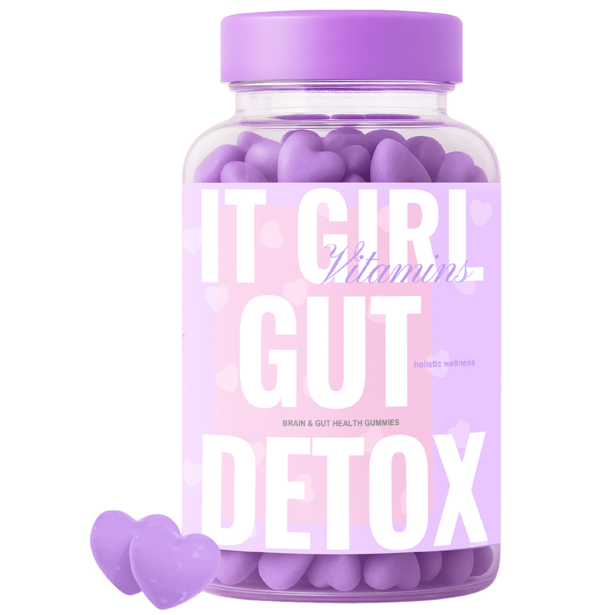 Purple It Girl Gut Detox bottle with purple heart-shaped gummies.
