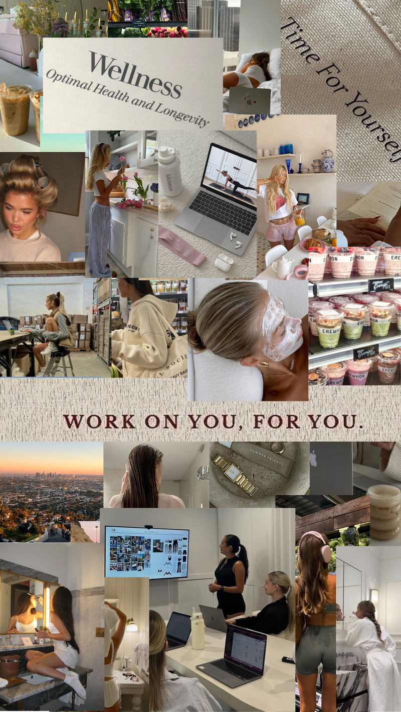 Wellness and business inspiration collage with the words Work on you, for you.