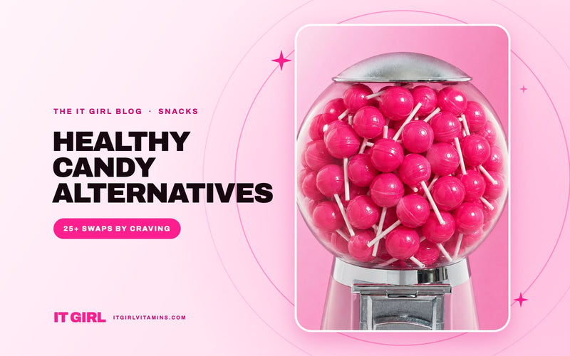 Healthy candy alternatives: gumball machine filled with pink Peptide Glow Pop lollipops