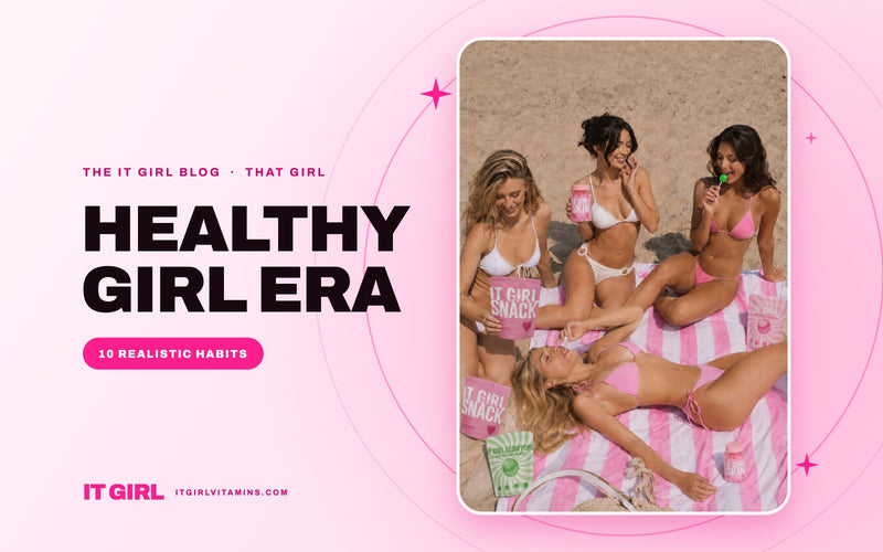 Healthy girl era: friends on a pink striped beach towel with It Girl Snack and Greens Glow Pops