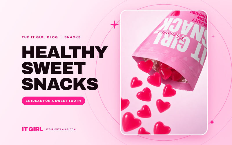 Healthy sweet snacks: heart-shaped It Girl Snack Beauty Glow Gummies spilling from the pouch