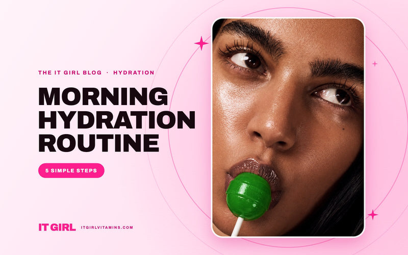 Morning hydration routine: close-up of glowing, dewy skin and a green Glow Pop