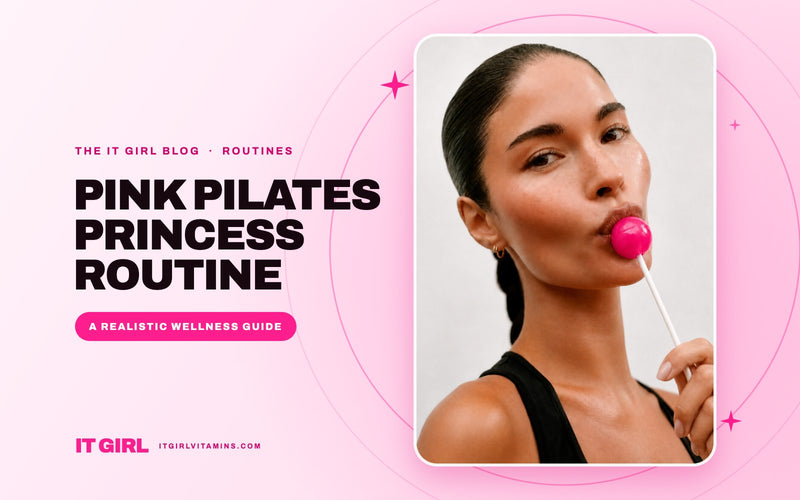 Pink Pilates princess routine: woman with a sleek bun enjoying a pink Peptide Glow Pop