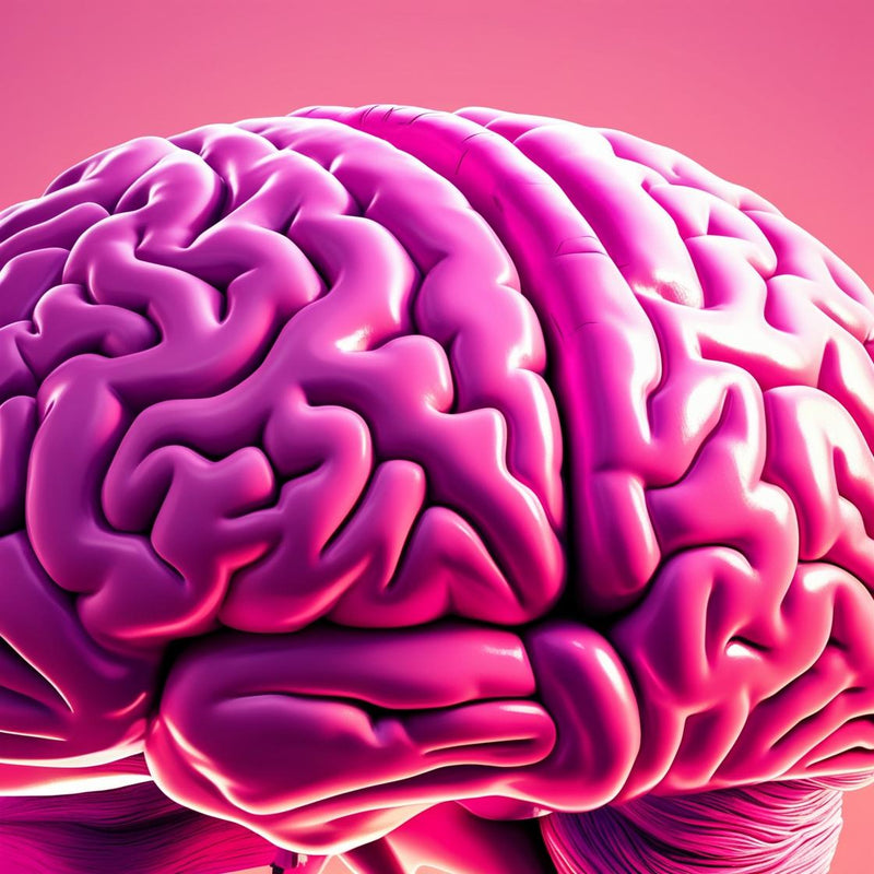 Pink anatomical brain illustration on a pink background.