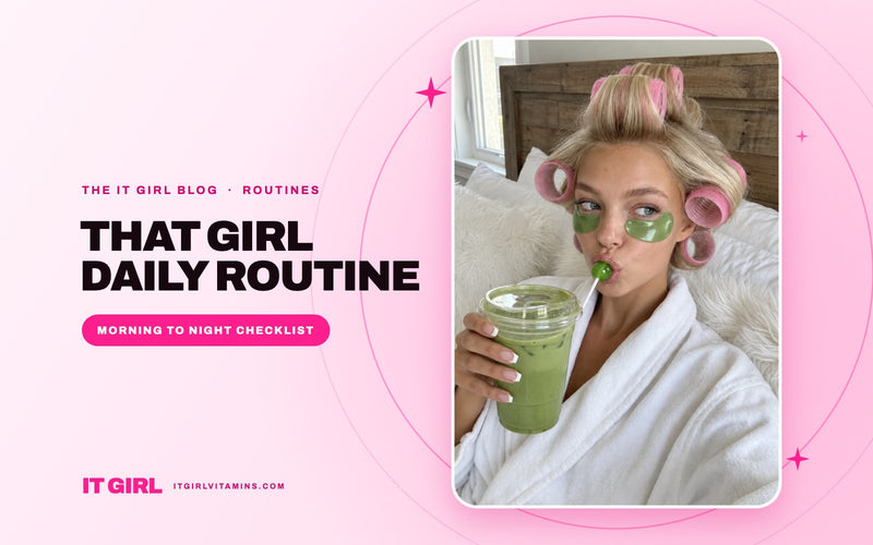 That girl daily routine: woman in hair rollers and under-eye patches sipping a green smoothie