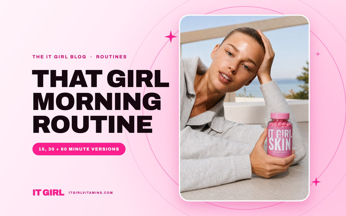 That girl morning routine: woman relaxing on a sunny patio holding a bottle of It Girl Skin gummies