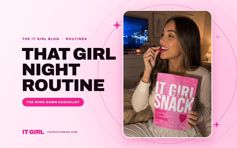 That girl night routine: woman in a cozy bedroom at night eating an It Girl Snack Beauty Glow Gummy