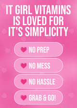 Promotional text for 'IT GIRL VITAMINS' on a pink background with heart symbols.