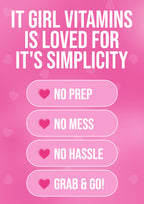 Promotional text for 'IT GIRL VITAMINS' on a pink background with heart symbols.