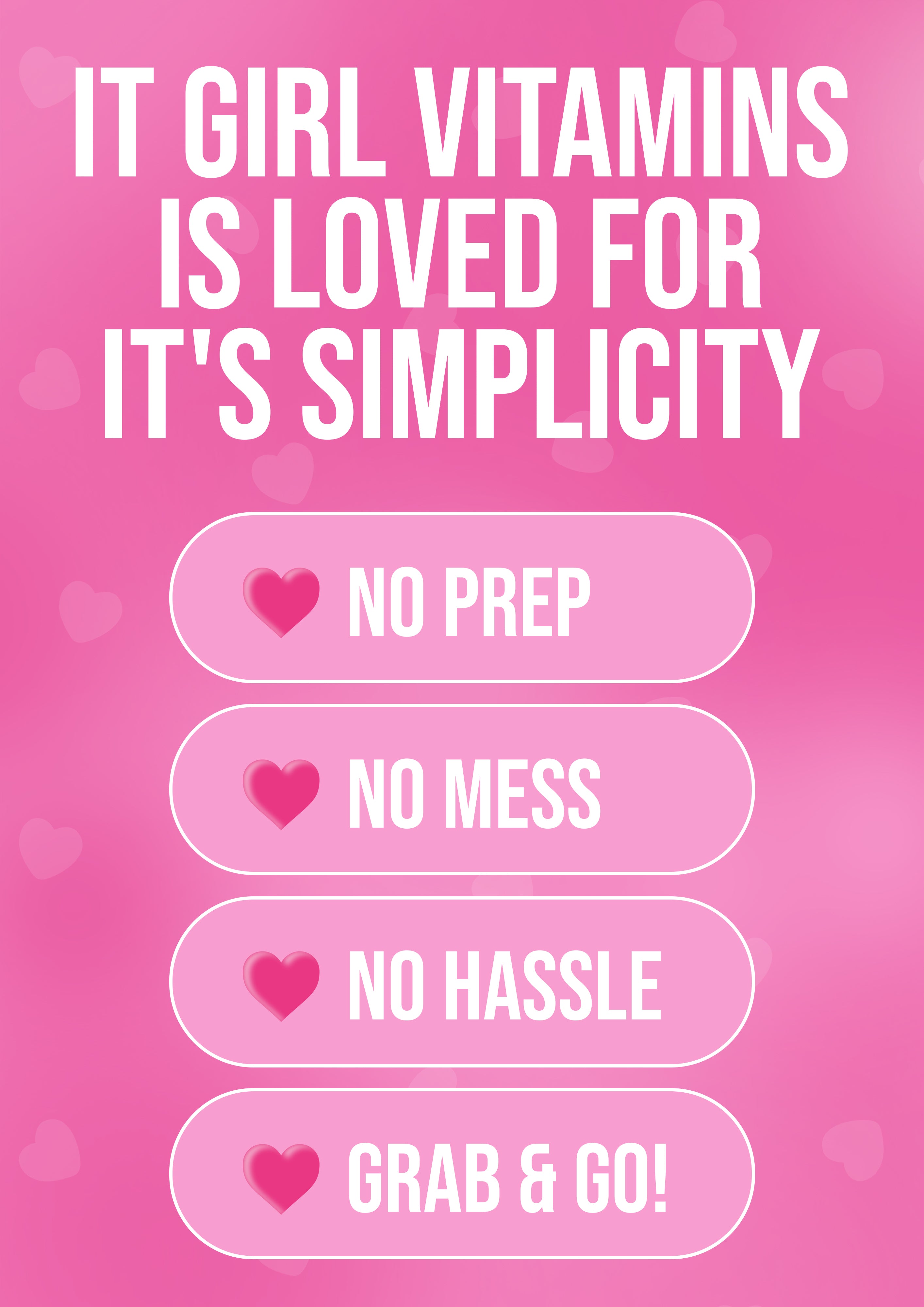 Promotional text for 'IT GIRL VITAMINS' on a pink background with heart symbols.