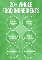 A green promotional graphic with the text '20+ WHOLE FOOD INGREDIENTS' at the top and six labeled food categories in rounded white outlines: Whole Veggies, Whole Fruits, Vitamins & Minerals, Pre & Probiotics, Antioxidants, and Superfoods.
