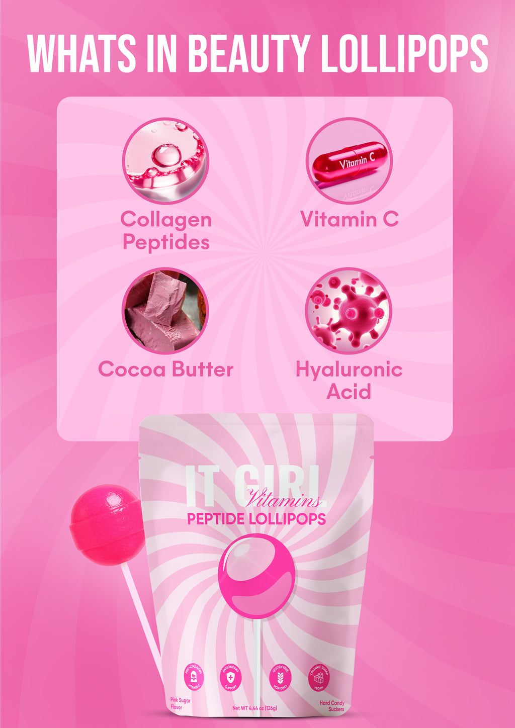 It Girl Beauty Lollipops - Collagen Peptides & Vitamin C Healthy Candy for Skin, Hair, Nails