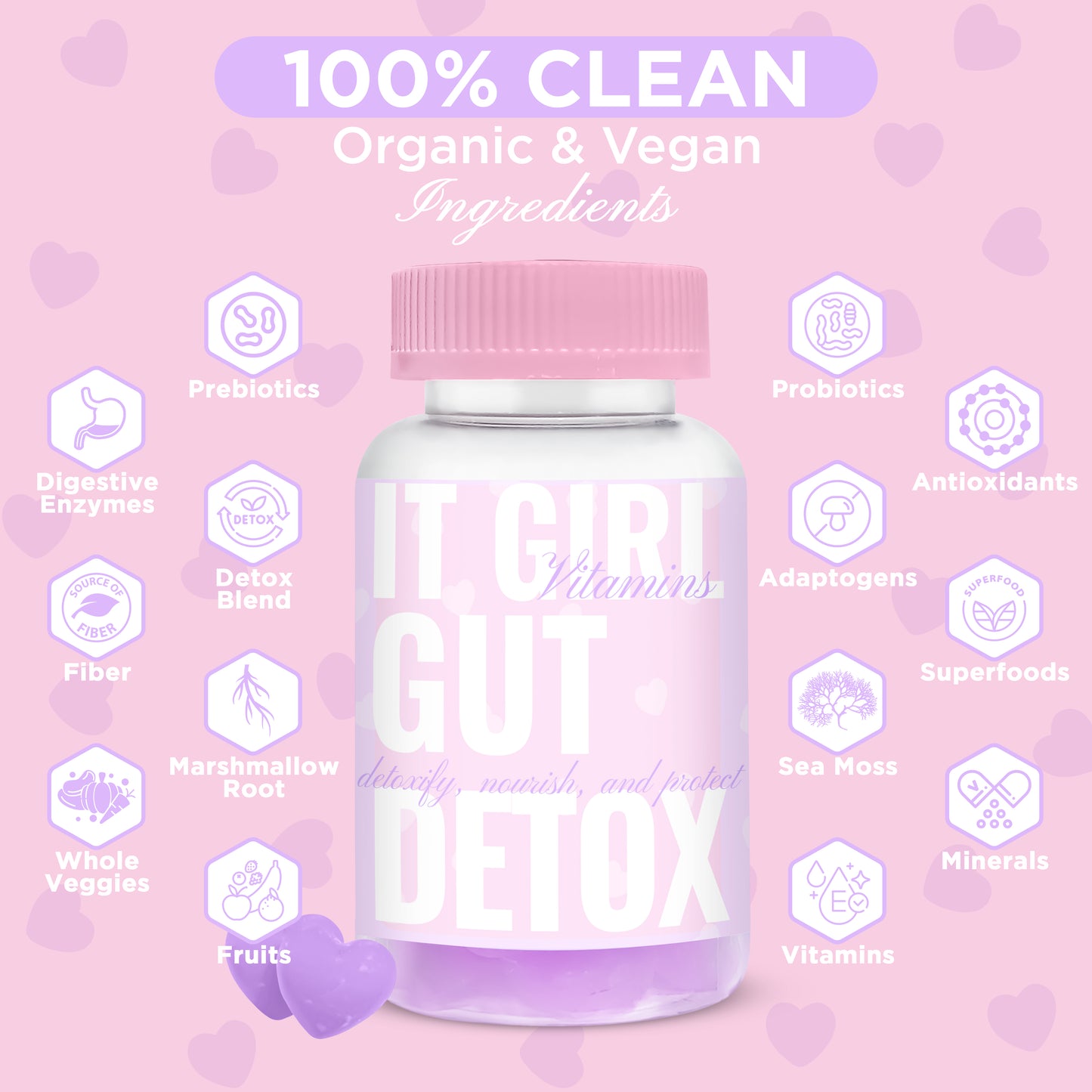 It Girl Vitamins Gut Detox | Vegan Gut Support - Organic Superfood Greens, Digestive Enzymes with Probiotics for Women, 3 Billion CFUs, Gut Health, Marshmallow Root, Magnesium – Immunity, Metabolism, Bloat, Multi-Vitamin Gummies