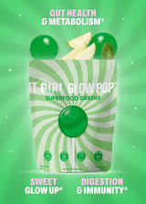 It Girl Superfood Greens pouch with green lollipops, apple slices and benefit callouts.