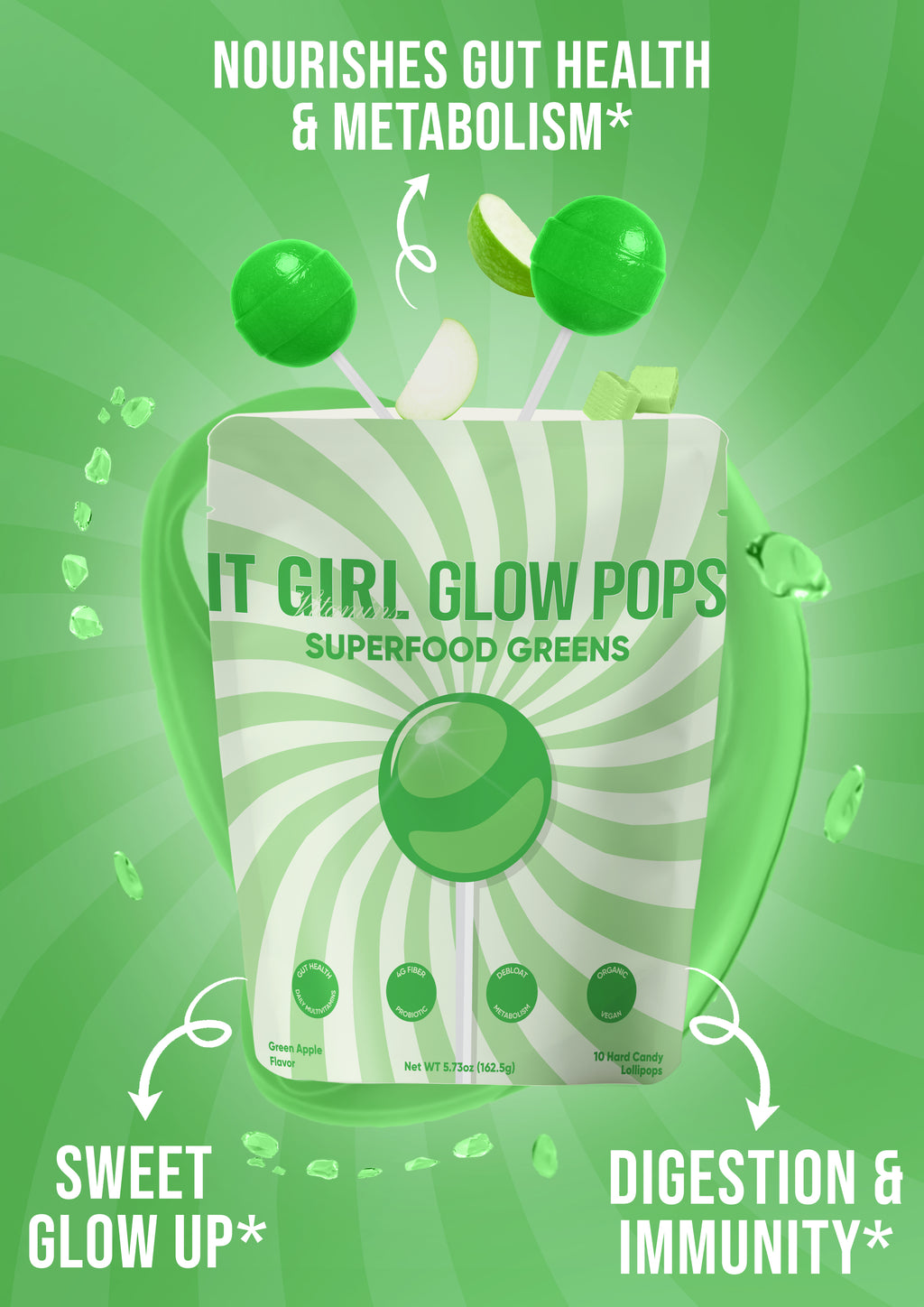 It Girl Greens Glow Pop™ 20 Gut Ingredients - Prebiotic Fiber + Probiotics
