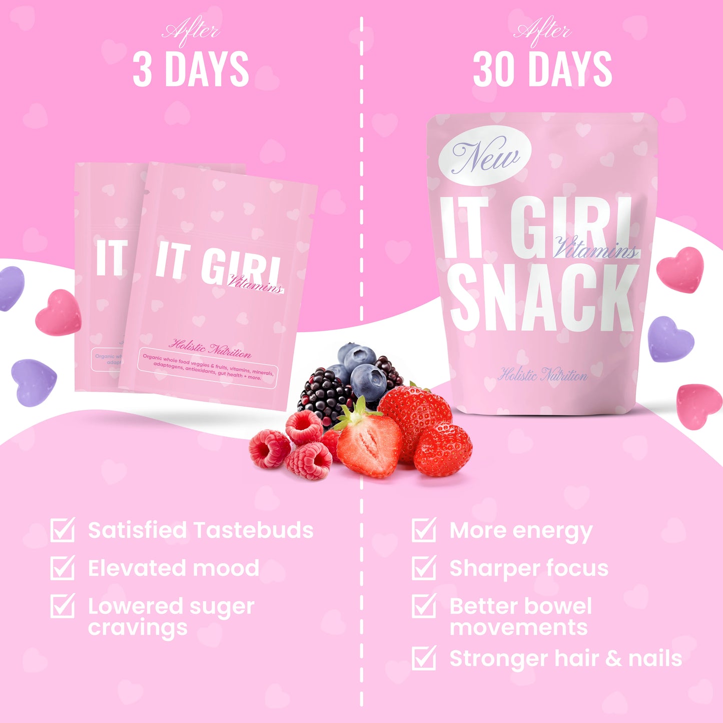 It Girl Snack: Vegan Fruit Snacks - Daily Glow Gummies, Super Greens Gummies, Superfood Gummy Bears with Organic Whole Food Fruits, Veggies & Multi-Vitamins - Pink Starburst Strawberry & Berries Sweet Heart Candy for Women, Teens, Girls