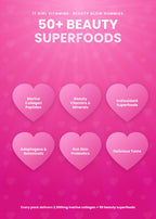 Pink promotional graphic for IT Girl Vitamins Beauty Glow Gummies, featuring the text '50+ BEAUTY SUPERFOODS' and six heart-shaped callouts reading Marine Collagen Peptides, Beauty Vitamins & Minerals, Antioxidant Superfoods, Adaptogens & Botanicals, Gut-Skin Probiotics, and Delicious Taste.