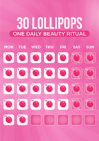 Calendar with 30 lollipop illustrations on a pink background, labeled '30 Lollipops One Daily Beauty Ritual' for collagen peptide, hyaluronic acid, cocoa butter, vitamin C lollipop healthy candy for women.
Collagen peptide lollipops with vitamin C and biotin by It Girl Vitamins
