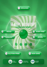 It Girl Superfood Greens pouch surrounded by dietary and product attribute callouts.