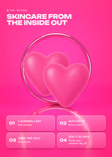 It Girl Skin daily routine instructions with two pink heart-shaped gummies.