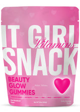 Pink It Girl Snack Beauty Glow Gummies pouch on a white background.