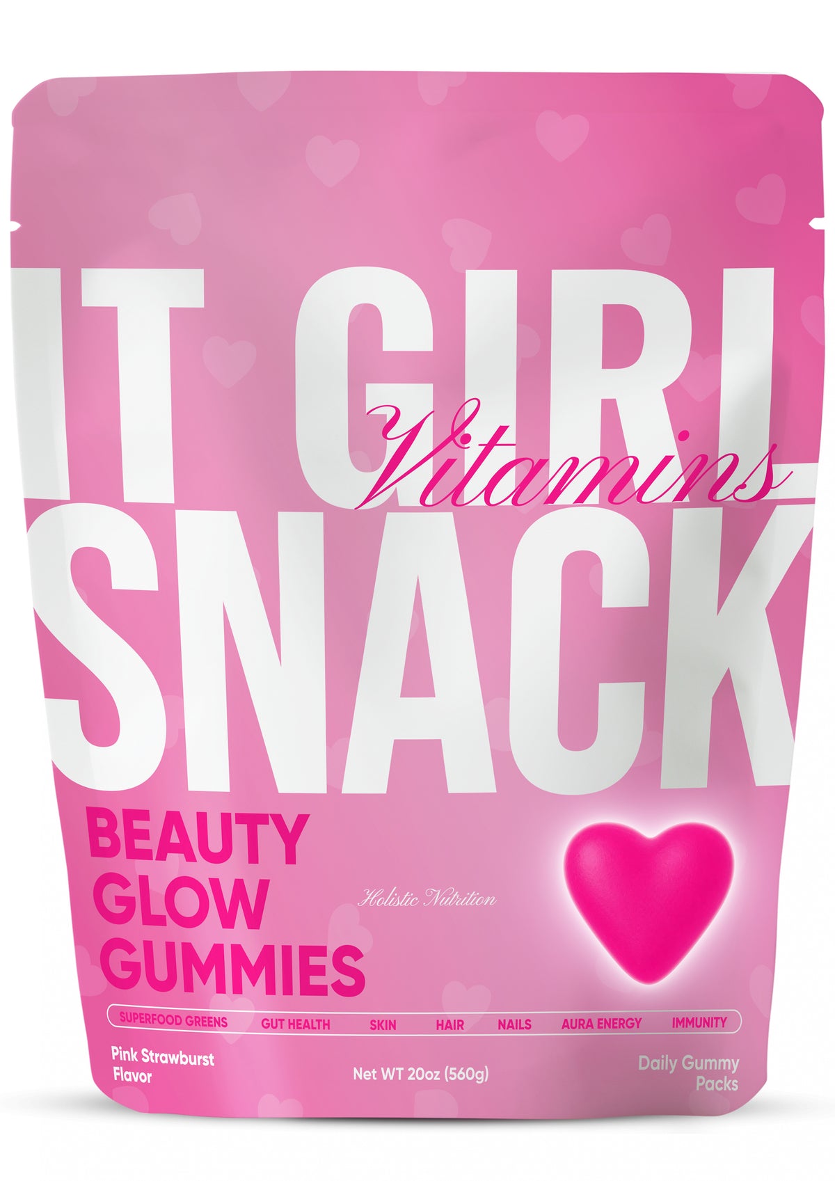 Pink It Girl Snack Beauty Glow Gummies pouch on a white background.