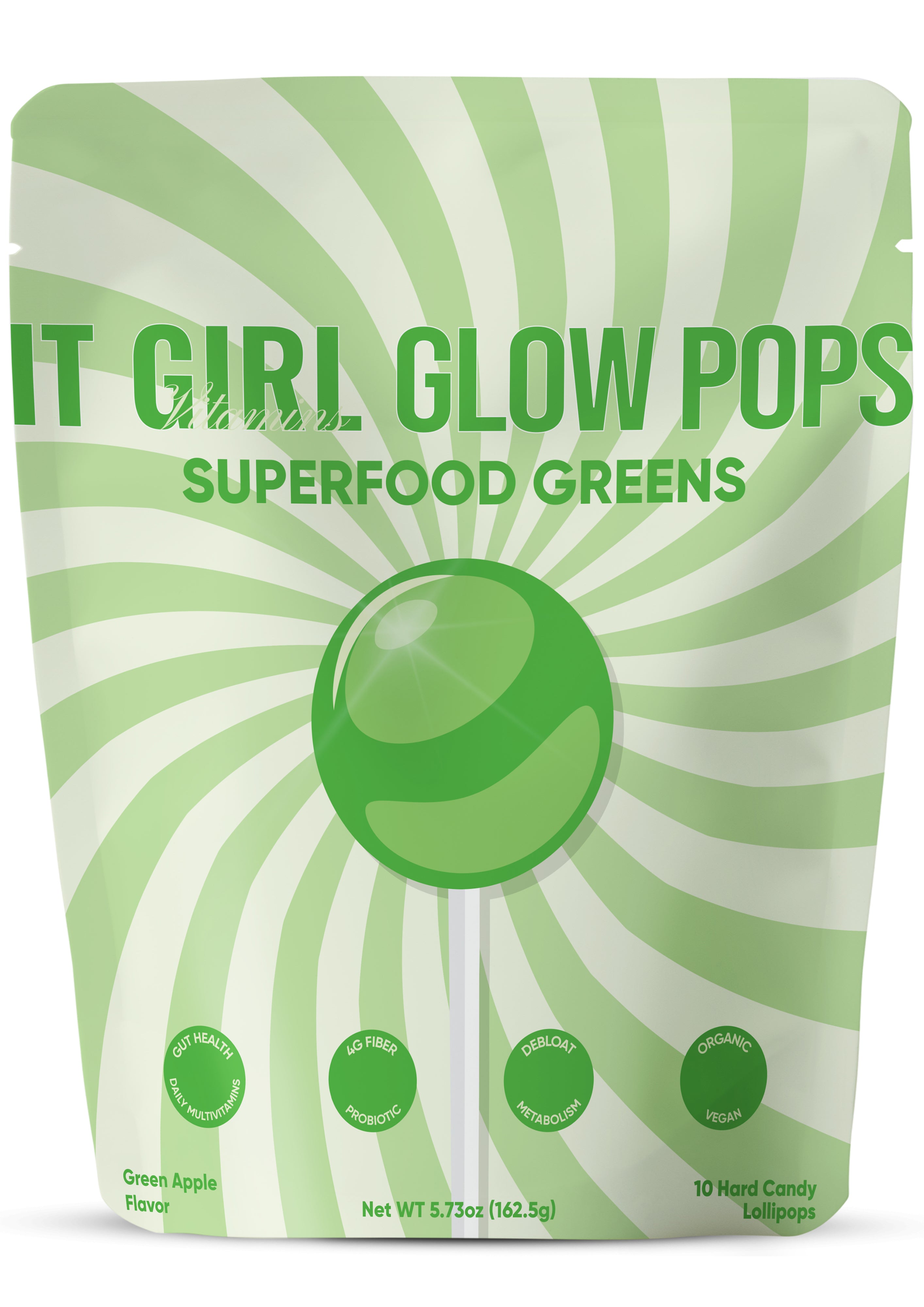 Packaging of It Girl Glow Pops Superfood Greens with green and white design.