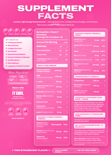 Pink strawberry flavor supplement facts label for 'IT GIRL' brand, detailing ingredients, serving sizes, and benefits in a clean, high-contrast layout.