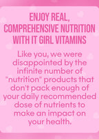 Advertisement for IT Girl Vitamins on a pink background with white text.
