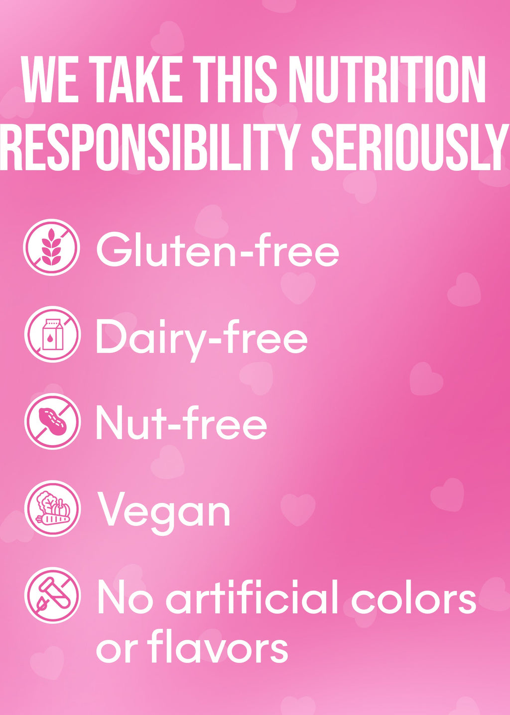 Pink background with white text and icons stating nutrition facts on a product label. CLEAN SUPPLEMENT GUMMYS SNACKS AND HYBRID WELLNESS DELICIOUS TREATS!