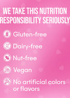 Pink background with white text and icons stating nutrition facts on a product label. CLEAN SUPPLEMENT GUMMYS SNACKS AND HYBRID WELLNESS DELICIOUS TREATS!