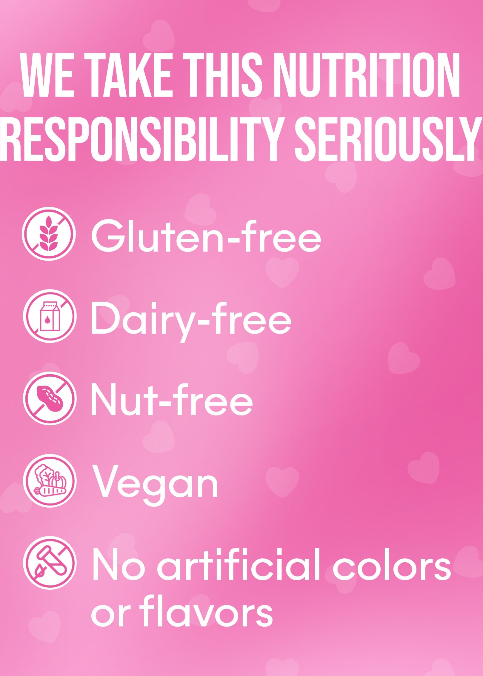 Pink background with white text and icons stating nutrition facts on a product label. CLEAN SUPPLEMENT GUMMYS SNACKS AND HYBRID WELLNESS DELICIOUS TREATS!