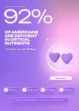 It Girl Gut Detox nutrition infographic with two purple heart-shaped gummies.