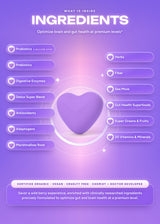 It Girl Gut Detox ingredient overview surrounding a purple heart-shaped gummy.