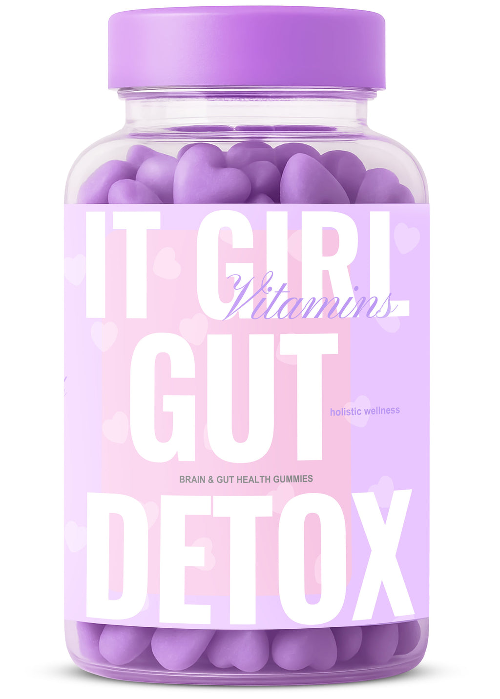 It Girl Vitamins Gut Detox gummies jar with purple lid and label, vegan gut health supplement for digestion, bloating support, detox and daily wellness. Women's Daily Health & Wellness. 
It Girl Vitamins Gut Detox supplement jar with purple lid, vegan gummies for bloating relief, gut health, digestion, detox support